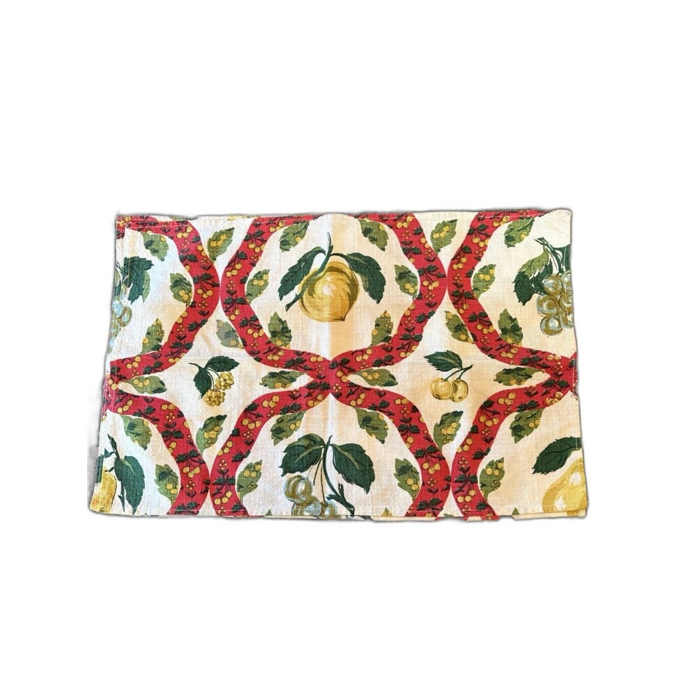 Vintage 1950s Fabric Placemats Set of 2 MCM Lemon Print Red Ribbon Trellis Linen